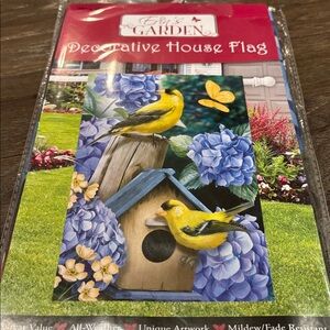 Erin’s Garden House flag,goldfinches & hydrangea,mildew/fade resistant outdoor
